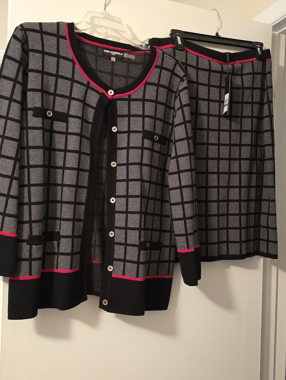 Karl Lagerfeld Paris Windowpane Grid Knit Cardigan & Pencil Skirt Set